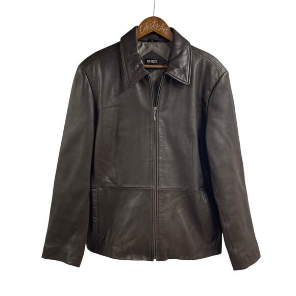 Brown Buttery Leather Jacket Large Vintage III State Full Zip With Collar Slick - Picture 1 of 7